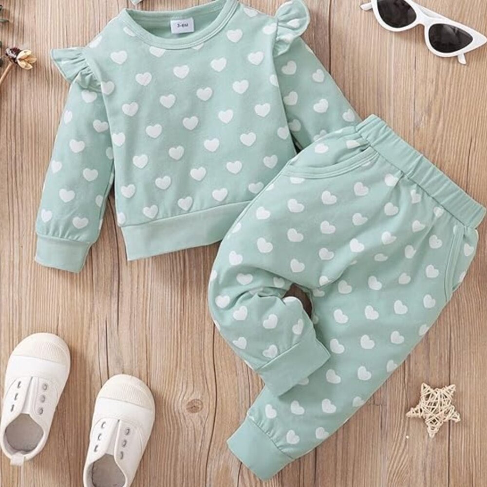 Baby Girls Long Sleeve Sage Heart Print Pullover Sweatshirt & Pants - 3-6 months